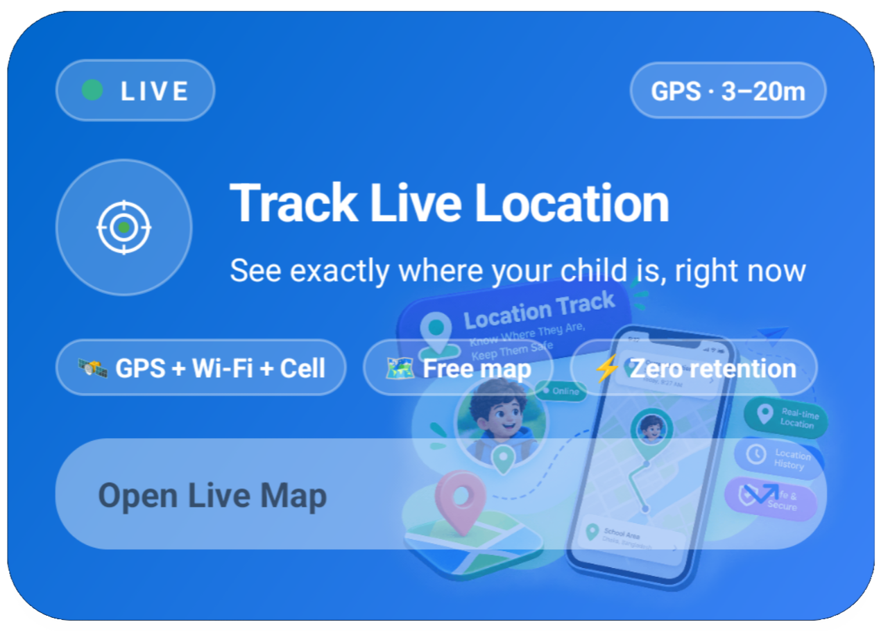 Screenshot of the Location Tracking screen with map, marker, and details overlay