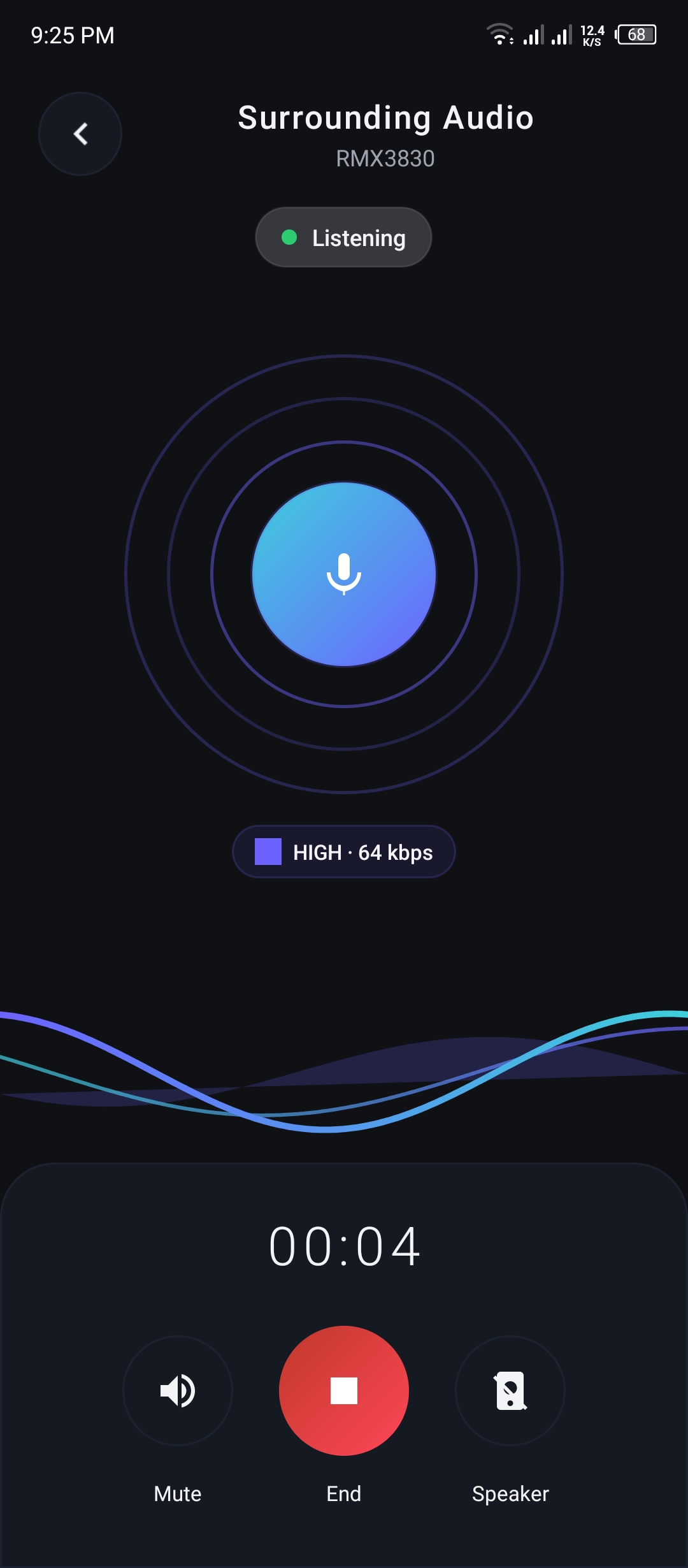 Screenshot of the Surrounding Audio screen with pulse rings, waveform, quality badge, and timer